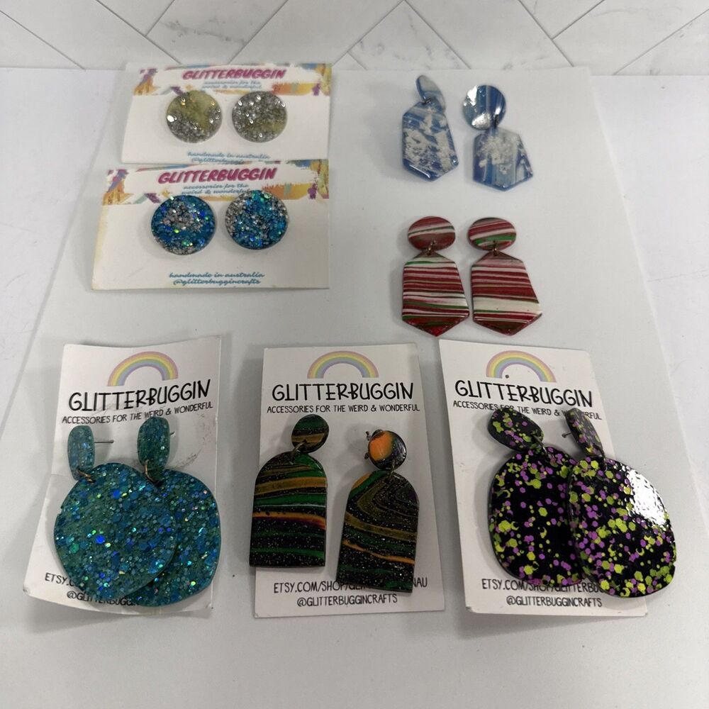 Glitterbuggin Handmade Resin Earrings Lot 7 Pairs Retro Colorful Dangle Stud